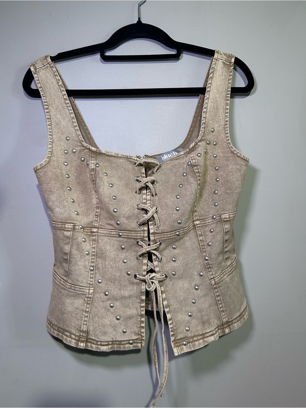 Blue B Studded Lace-Up Denim Corset Tank Top Tan Western Y2K L